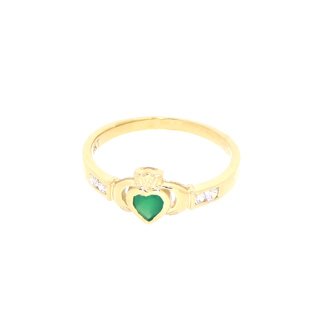 9ct Gold CZ and Green Stone Claddagh Style Ring