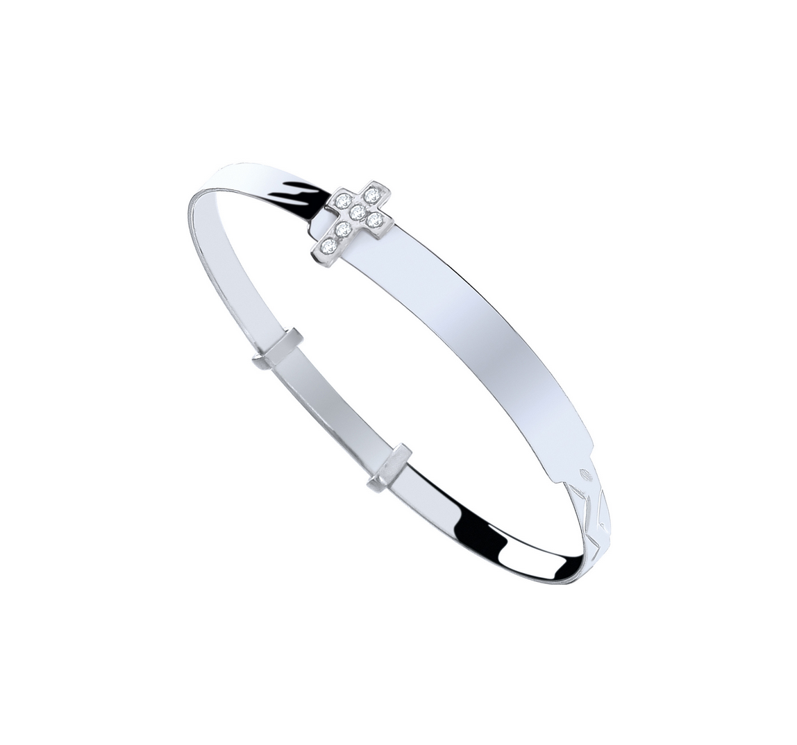 Silver and CZ Cross Design Expanding Identity Bangle