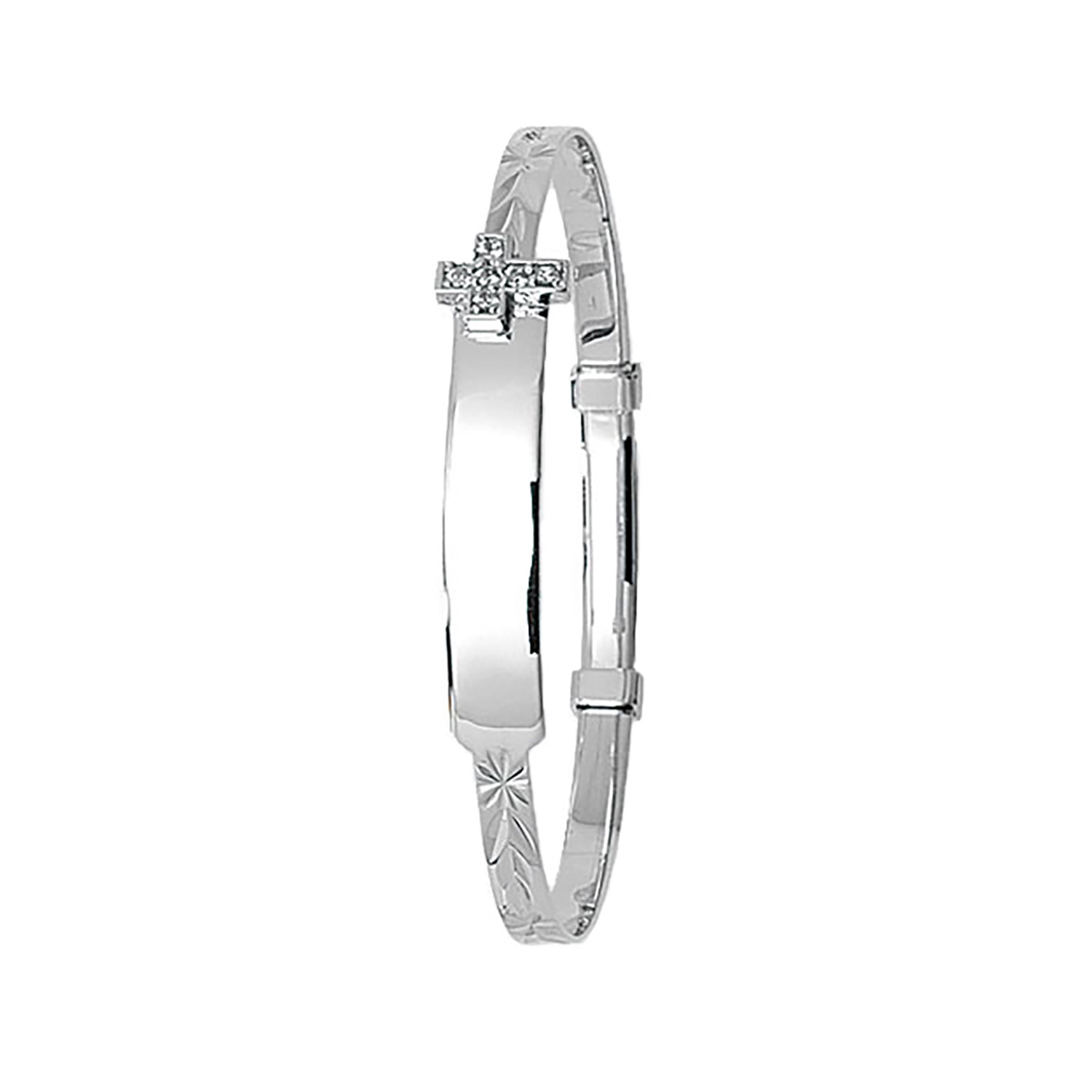 9ct White Gold and CZ Cross Expanding ID Bangle